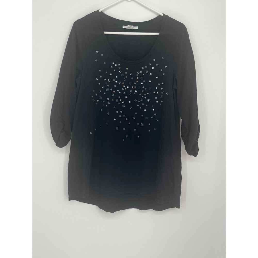 Style & Co Embellished Scoop Neck 3/4 Sleeve Cotton Top Women L Black 
Metallic